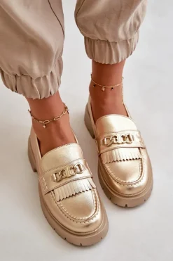 Discount Eko Skórzane Mokasyny Damskie Z Ozdobą Złote Zanita Damskie Mokasyny Damskie Skórzane