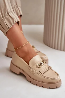 Boto Eko Skórzane Mokasyny Damskie Ze Złotą Ozdobą Beżowe Zanita