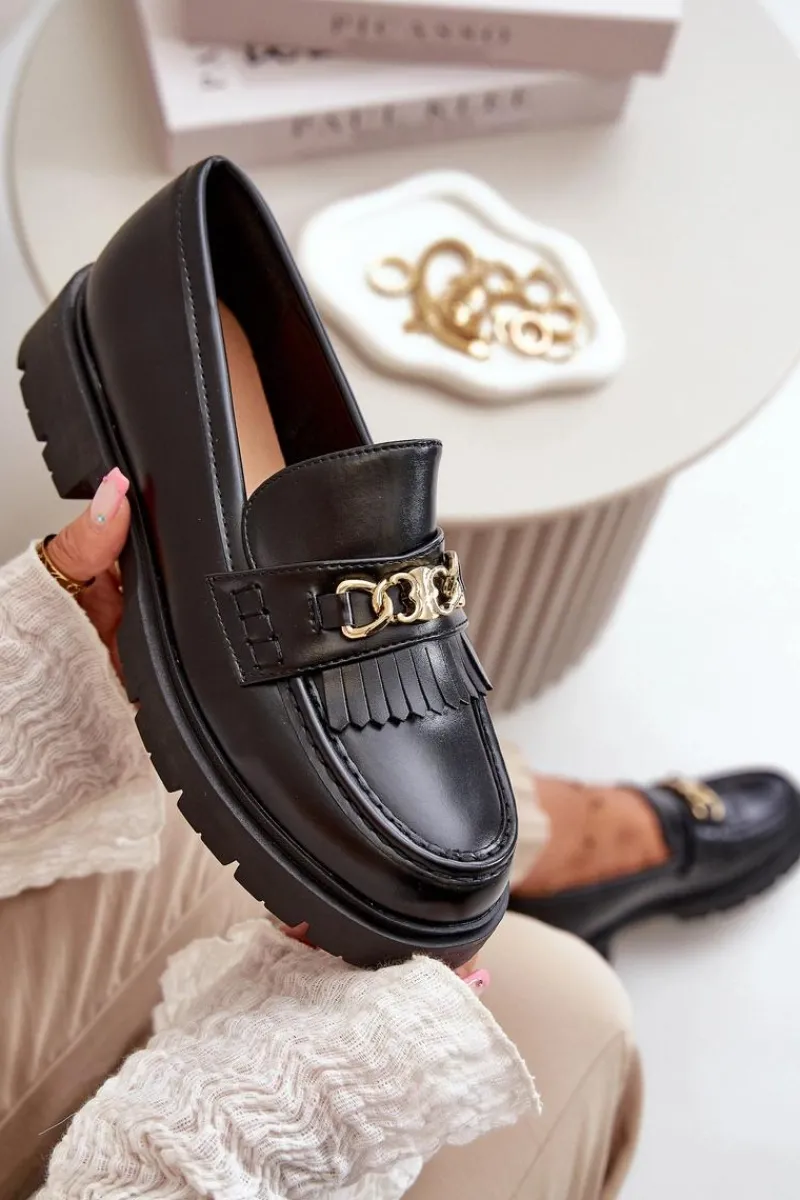 Mokasyny Damskie Skórzane>Boto Eko Skórzane Mokasyny Damskie Ze Złotą Ozdobą Czarne Zanita