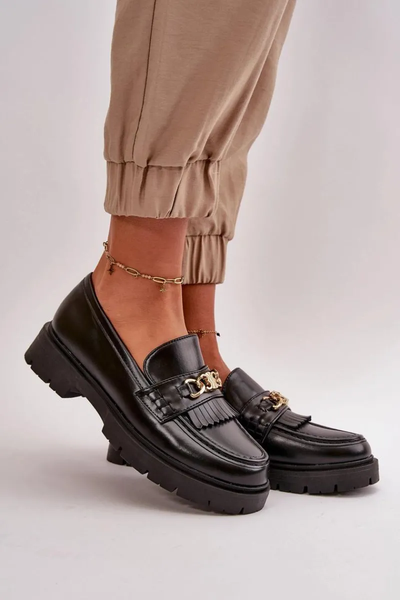 Mokasyny Damskie Skórzane>Boto Eko Skórzane Mokasyny Damskie Ze Złotą Ozdobą Czarne Zanita