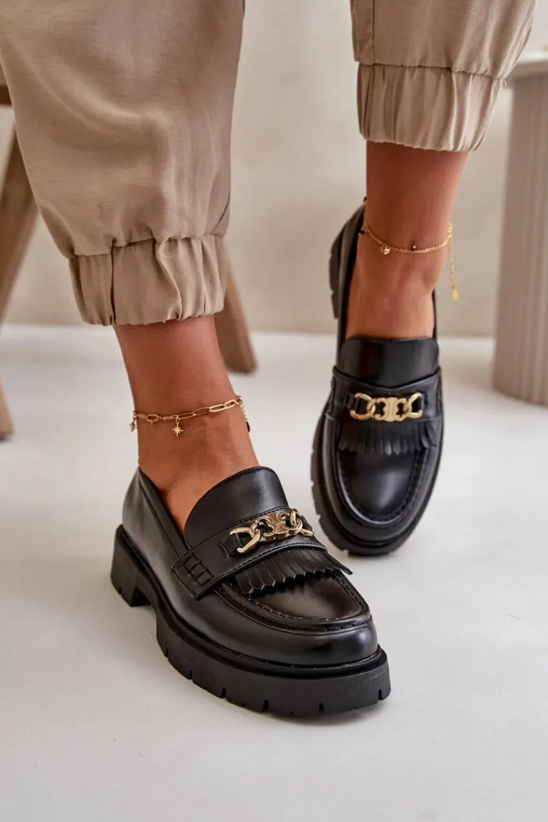 Mokasyny Damskie Skórzane>Boto Eko Skórzane Mokasyny Damskie Ze Złotą Ozdobą Czarne Zanita