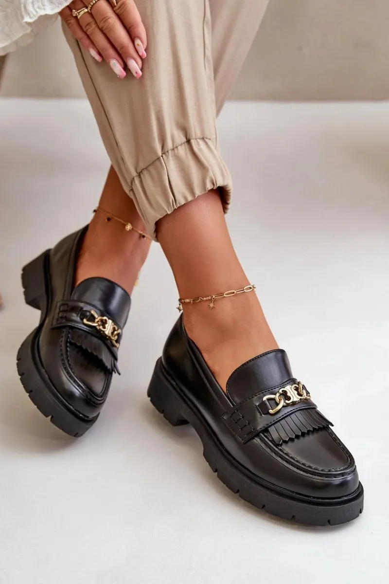 Mokasyny Damskie Skórzane>Boto Eko Skórzane Mokasyny Damskie Ze Złotą Ozdobą Czarne Zanita