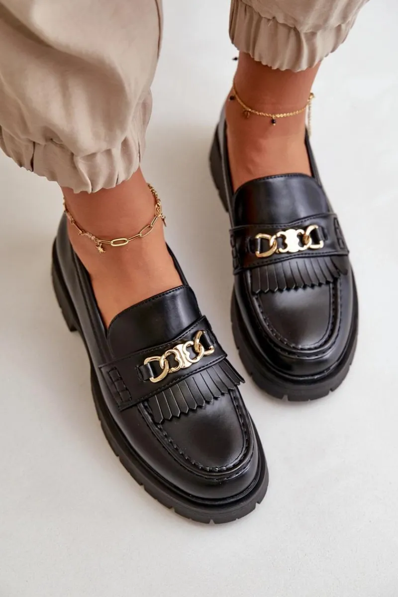 Mokasyny Damskie Skórzane>Boto Eko Skórzane Mokasyny Damskie Ze Złotą Ozdobą Czarne Zanita