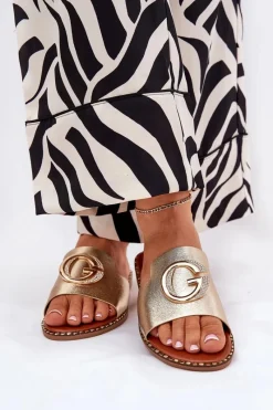 Hot Boto Eko Skórzane Płaskie Klapki Damskie Z Ozdobnym Detalem Złote Frelie