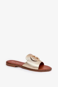 Hot Boto Eko Skórzane Płaskie Klapki Damskie Z Ozdobnym Detalem Złote Frelie