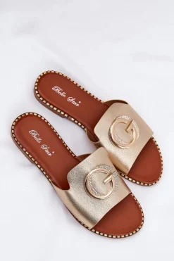 Hot Boto Eko Skórzane Płaskie Klapki Damskie Z Ozdobnym Detalem Złote Frelie