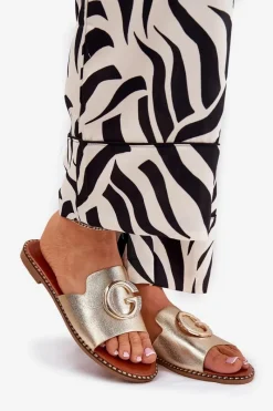 Hot Boto Eko Skórzane Płaskie Klapki Damskie Z Ozdobnym Detalem Złote Frelie