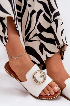 Outlet Boto Eko Skórzane Płaskie Klapki Damskie Z Ozdobnym Detalem Białe Frelie Biały