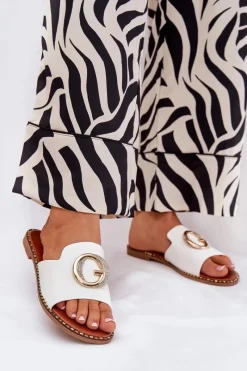 Outlet Boto Eko Skórzane Płaskie Klapki Damskie Z Ozdobnym Detalem Białe Frelie Biały