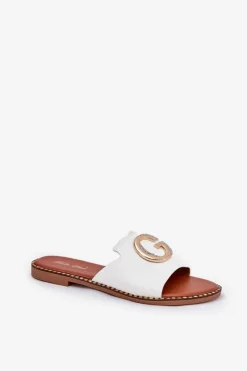 Outlet Boto Eko Skórzane Płaskie Klapki Damskie Z Ozdobnym Detalem Białe Frelie Biały