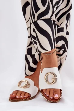 Outlet Boto Eko Skórzane Płaskie Klapki Damskie Z Ozdobnym Detalem Białe Frelie Biały