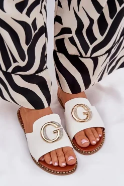 Outlet Boto Eko Skórzane Płaskie Klapki Damskie Z Ozdobnym Detalem Białe Frelie Biały