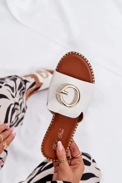 Outlet Boto Eko Skórzane Płaskie Klapki Damskie Z Ozdobnym Detalem Białe Frelie Biały