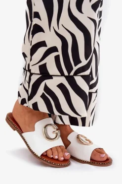 Outlet Boto Eko Skórzane Płaskie Klapki Damskie Z Ozdobnym Detalem Białe Frelie Biały