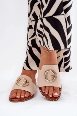 Klapki Damskie Klasyczne>Boto Eko Skórzane Płaskie Klapki Damskie Z Ozdobnym Detalem Beżowe Frelie