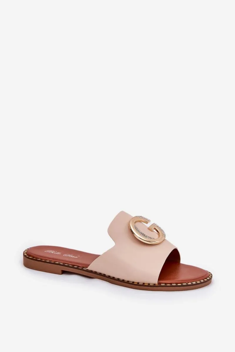 Klapki Damskie Klasyczne>Boto Eko Skórzane Płaskie Klapki Damskie Z Ozdobnym Detalem Beżowe Frelie