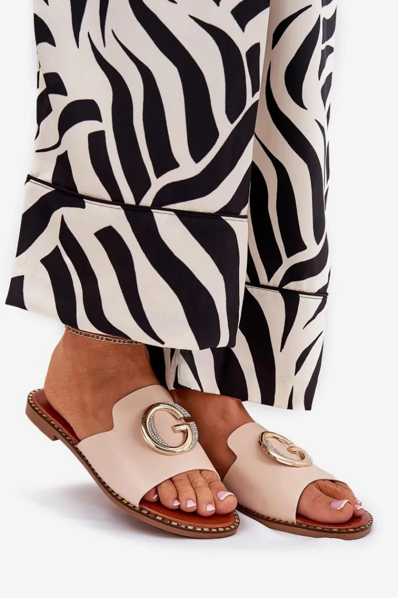 Klapki Damskie Klasyczne>Boto Eko Skórzane Płaskie Klapki Damskie Z Ozdobnym Detalem Beżowe Frelie