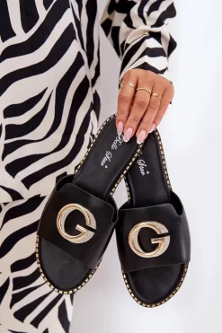 Sale Eko Skórzane Płaskie Klapki Damskie Z Ozdobnym Detalem Czarne Frelie Damskie Klapki Damskie Klasyczne