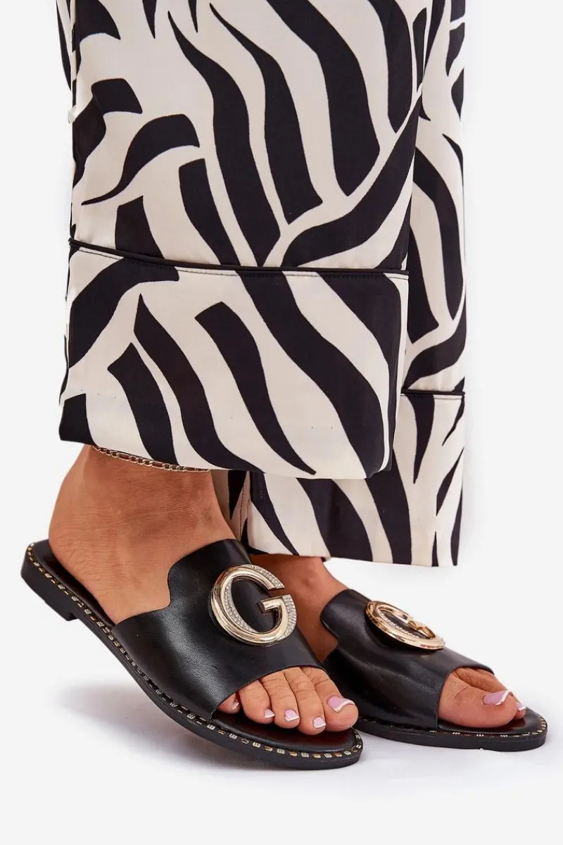 Sale Eko Skórzane Płaskie Klapki Damskie Z Ozdobnym Detalem Czarne Frelie Damskie Klapki Damskie Klasyczne