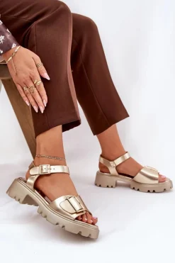 New Eko Skórzane Sandały Damskie Z Klamrą Złote Gofielle Damskie Sandały Płaskie