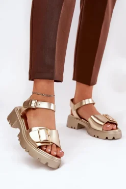 New Eko Skórzane Sandały Damskie Z Klamrą Złote Gofielle Damskie Sandały Płaskie
