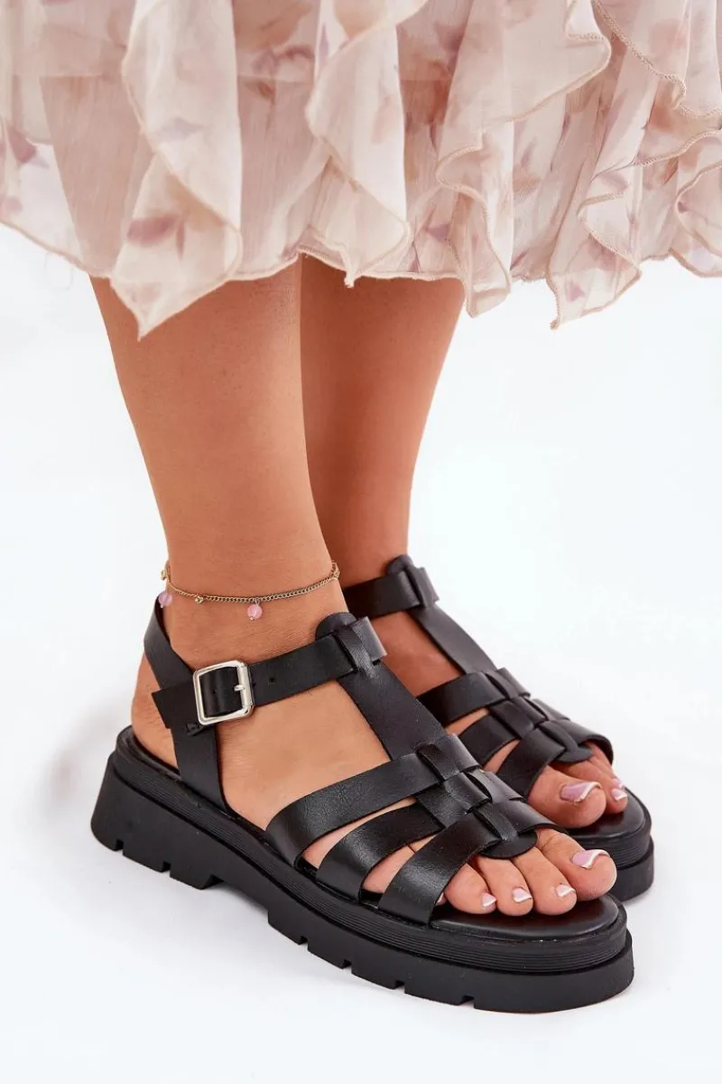 Sandały Płaskie>Boto Eko Skórzane Sandały Damskie Na Platformie Czarne Nendales Czarny