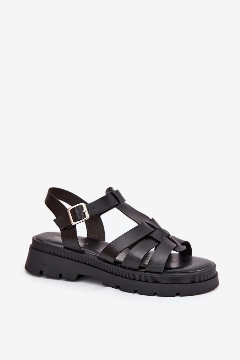 Sandały Płaskie>Boto Eko Skórzane Sandały Damskie Na Platformie Czarne Nendales Czarny