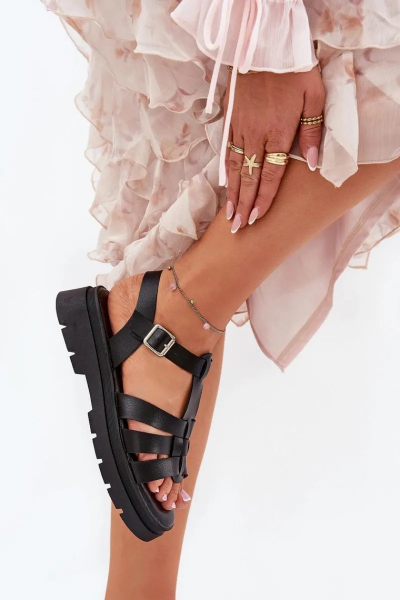 Sandały Płaskie>Boto Eko Skórzane Sandały Damskie Na Platformie Czarne Nendales Czarny