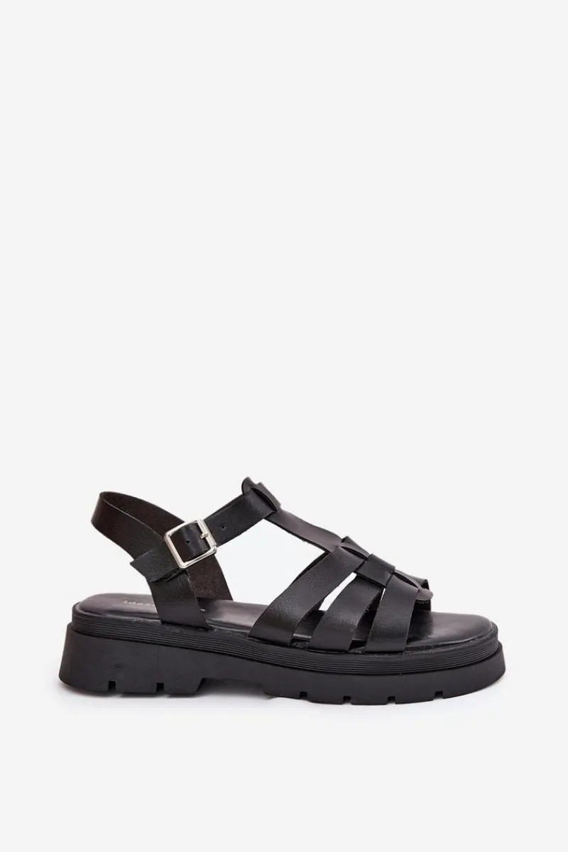 Sandały Płaskie>Boto Eko Skórzane Sandały Damskie Na Platformie Czarne Nendales Czarny