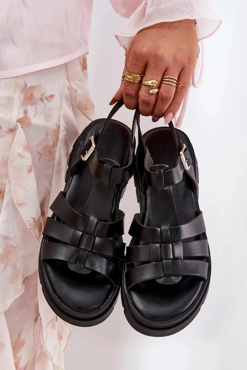 Sandały Płaskie>Boto Eko Skórzane Sandały Damskie Na Platformie Czarne Nendales Czarny