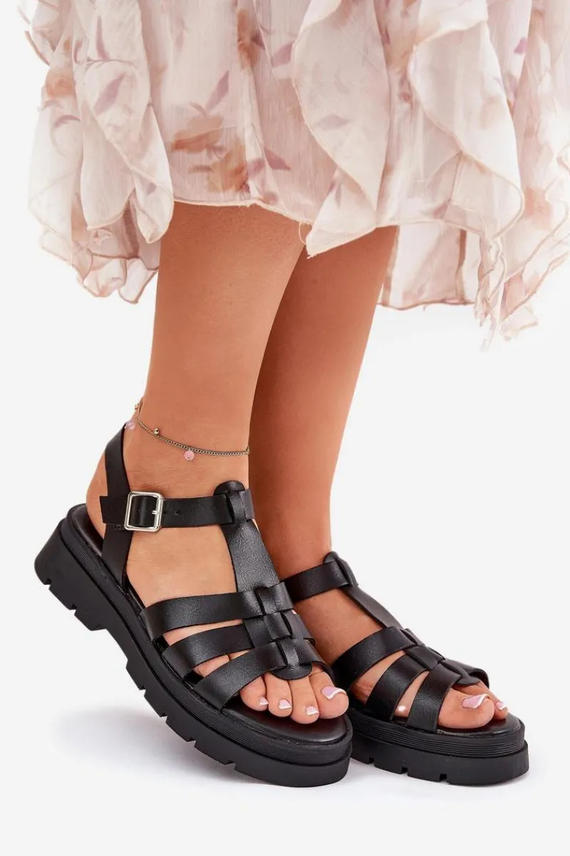 Sandały Płaskie>Boto Eko Skórzane Sandały Damskie Na Platformie Czarne Nendales Czarny