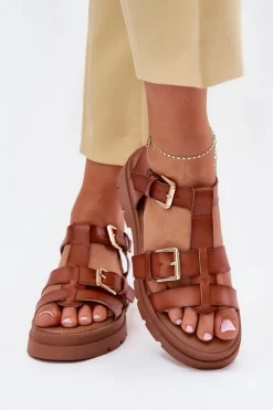 Sandały Płaskie>Evento Eko Skórzane Sandały Damskie Z Klamrami Camel Mireza