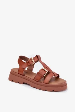 Sandały Płaskie></noscript>Evento Eko Skórzane Sandały Damskie Z Klamrami Camel Mireza