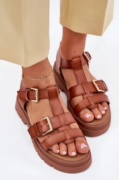 Sandały Płaskie></noscript>Evento Eko Skórzane Sandały Damskie Z Klamrami Camel Mireza