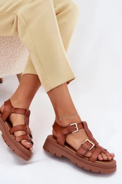 Sandały Płaskie></noscript>Evento Eko Skórzane Sandały Damskie Z Klamrami Camel Mireza