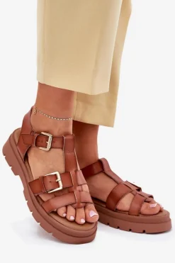 Sandały Płaskie></noscript>Evento Eko Skórzane Sandały Damskie Z Klamrami Camel Mireza