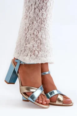 Clearance Boto Eko Skórzane Sandały Na Obcasie Słupku Niebiesko-Złote Abilica Niebieski