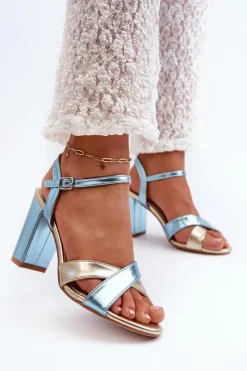 Clearance Boto Eko Skórzane Sandały Na Obcasie Słupku Niebiesko-Złote Abilica Niebieski