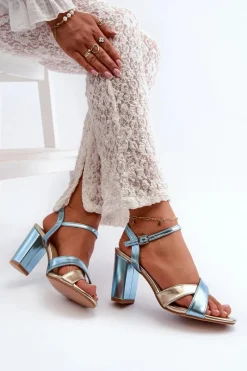 Clearance Boto Eko Skórzane Sandały Na Obcasie Słupku Niebiesko-Złote Abilica Niebieski