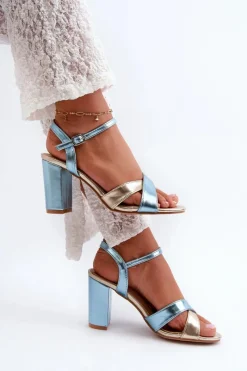 Clearance Boto Eko Skórzane Sandały Na Obcasie Słupku Niebiesko-Złote Abilica Niebieski