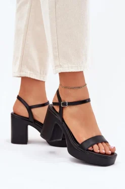 Sandały Na Słupku|Sandały Na Obcasie></noscript>Boto Eko Skórzane Sandały Na Słupku Czarne Lillita Czarny