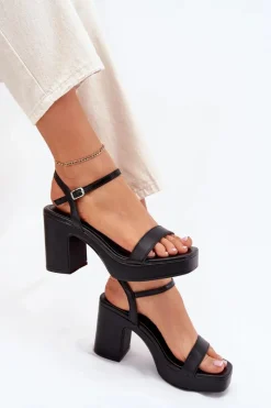 Sandały Na Słupku|Sandały Na Obcasie></noscript>Boto Eko Skórzane Sandały Na Słupku Czarne Lillita Czarny