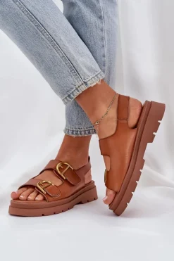 Sale Eko Skórzane Sandały Z Klamrami Camel Vulinea Damskie Sandały Płaskie