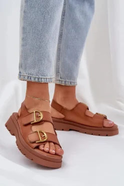 Sale Eko Skórzane Sandały Z Klamrami Camel Vulinea Damskie Sandały Płaskie
