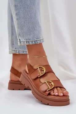Sale Eko Skórzane Sandały Z Klamrami Camel Vulinea Damskie Sandały Płaskie