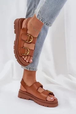 Sale Eko Skórzane Sandały Z Klamrami Camel Vulinea Damskie Sandały Płaskie