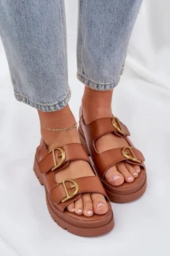 Sale Eko Skórzane Sandały Z Klamrami Camel Vulinea Damskie Sandały Płaskie