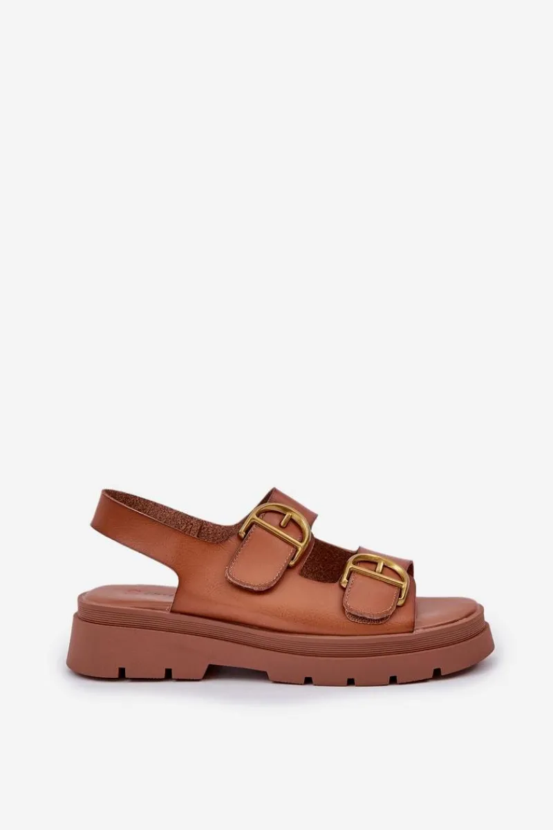 Sale Eko Skórzane Sandały Z Klamrami Camel Vulinea Damskie Sandały Płaskie