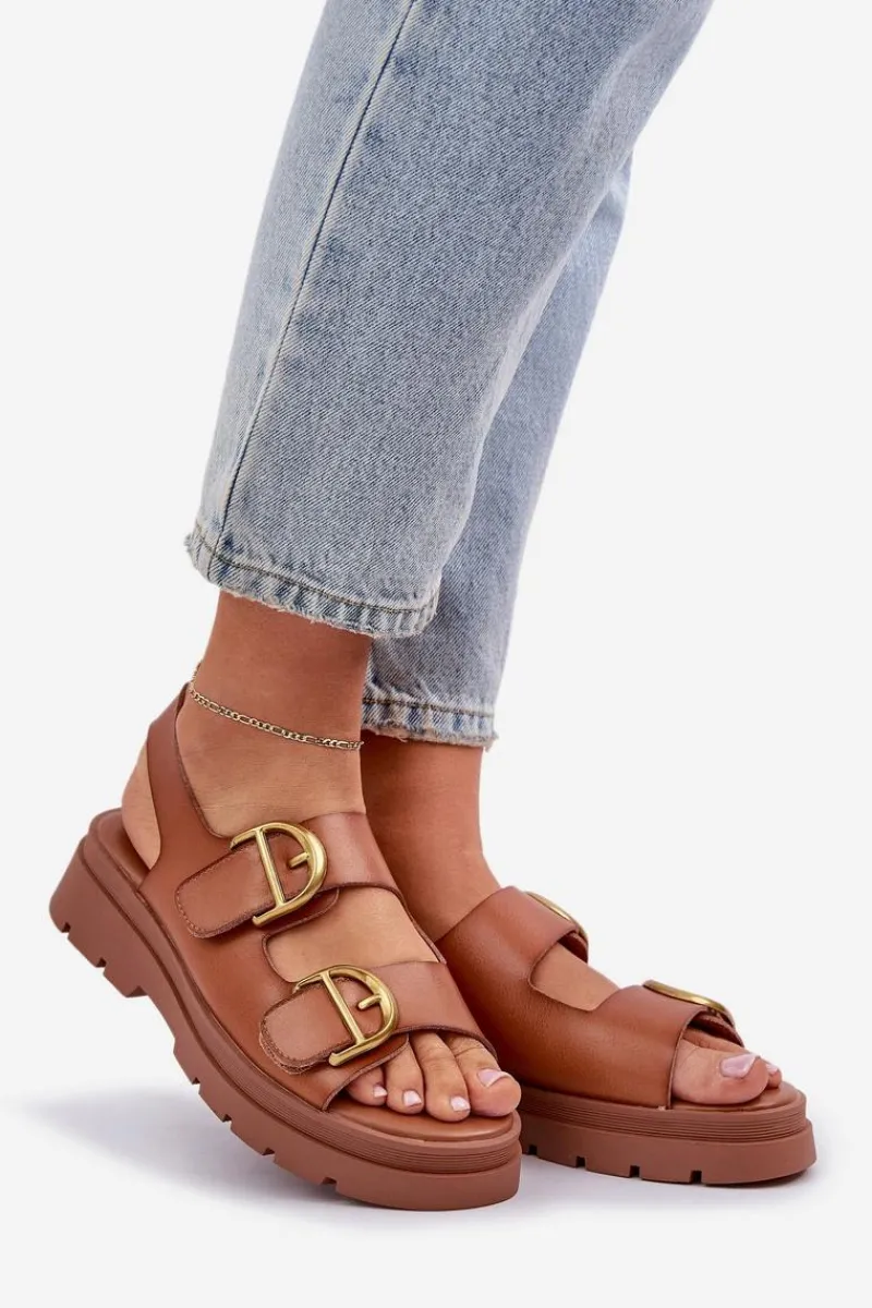 Sale Eko Skórzane Sandały Z Klamrami Camel Vulinea Damskie Sandały Płaskie