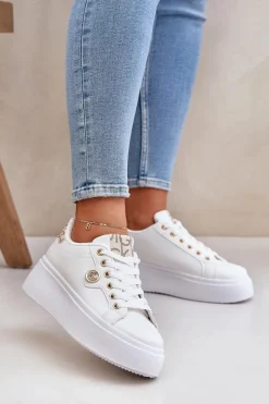 Buty Sportowe Na Platformie|Sneakersy Damskie>Boto Eko Skórzane Sneakersy Na Platformie Ze Złotym Detalem Biało-Beżowe Zingie